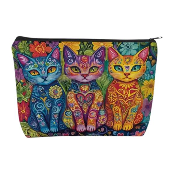 Cat Trio Psychedelic Makeup Bag Colorful Art Cosmetic Travel Pouch Case NWT - Picture 1 of 11
